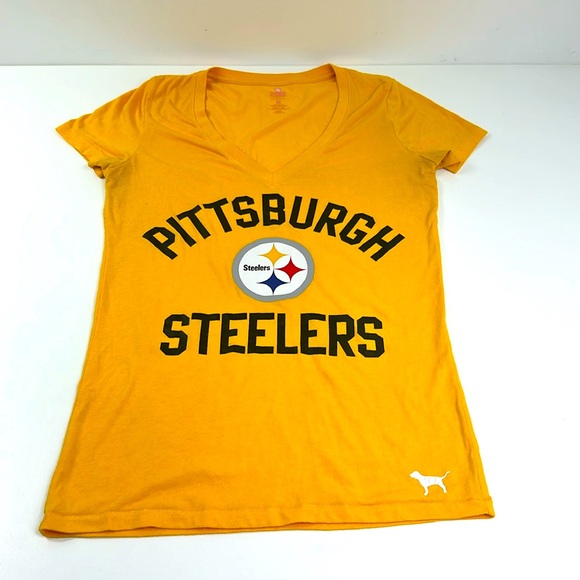 Victoria Secret Pink Pittsburgh Steelers T Shirt size M Yellow Womens Activewear - Picture 1 of 15